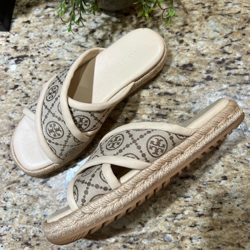 Tory Burch T Monogram Crossband Espadrille Sandals 8M - Picture 4 of 12